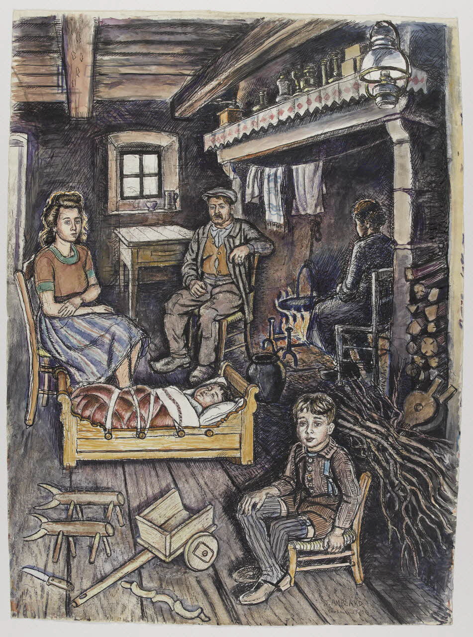 Jean Amblard dessin Famille autour de l'âtre à Rochefort-Montagne Auvergne, France 1944 1944.3.15 Photo RMN-Grand Palais (Mucem)