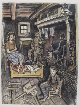 Jean Amblard dessin Famille autour de l'âtre à Rochefort-Montagne Auvergne, France 1944 1944.3.15 Photo RMN-Grand Palais (Mucem)
