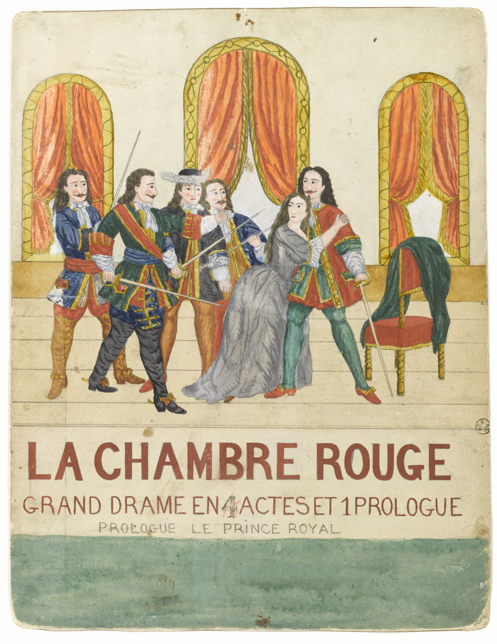 Louis de Budt ; Louis Poire Cuite affiche de théâtre de marionnettes LA CHAMBRE ROUGE  GRAND DRAME EN 4 ACTES ET 1 PROLOGUE  PROLOGUE LE PRINCE ROYAL 1875-1885 1951.27.12 Photo RMN-Grand Palais (Mucem)