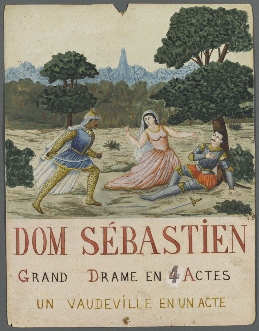 Louis de Budt ; Louis Poire Cuite affiche de théâtre de marionnettes DOM SEBASTIEN  GRAND DRAME EN 4 ACTES  UN VAUDEVILLE EN UN ACTE 1875-1885 1951.27.14 Photo RMN-Grand Palais (Mucem)