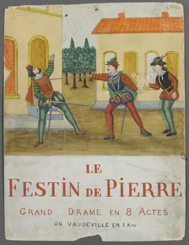 Louis de Budt ; Louis Poire Cuite affiche de théâtre de marionnettes LE  FESTIN DE PIERRE  GRAND DRAME EN 8 ACTES  UN VAUDEVILLE EN 1 ACTE 1880 1951.27.16  Photo RMN-Grand Palais (Mucem)