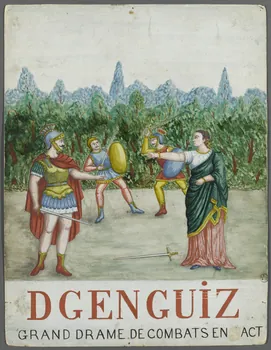 Louis de Budt ; Louis Poire Cuite affiche de théâtre de marionnettes DGENGUIZ  GRAND DRAME DE COMBATS EN ACT (sic) 1880 1951.27.17  Photo RMN-Grand Palais (Mucem)