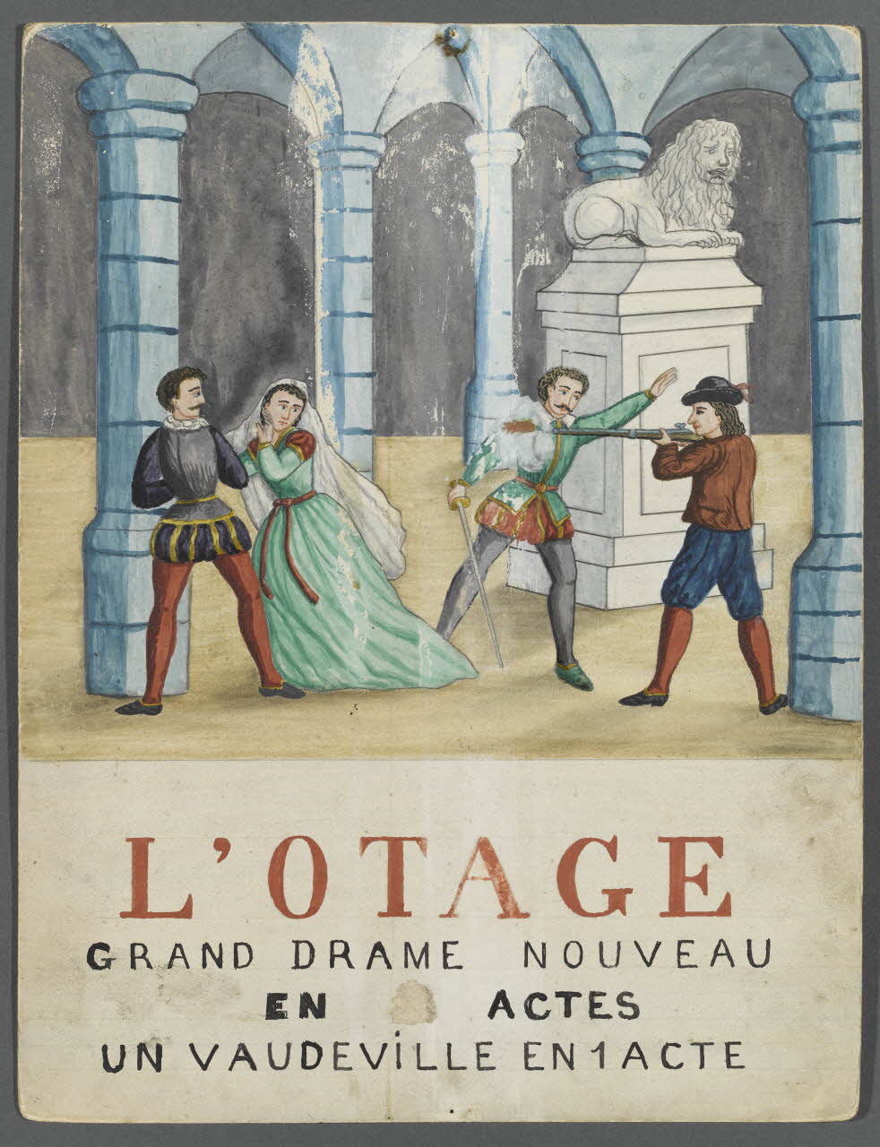 affiche de théâtre de marionnettes L'OTAGE  GRAND DRAME NOUVEAU  EN ACTES  UN VAUDEVILLE EN 1 ACTE 1952.38.63 Photo RMN-Grand Palais (Mucem)