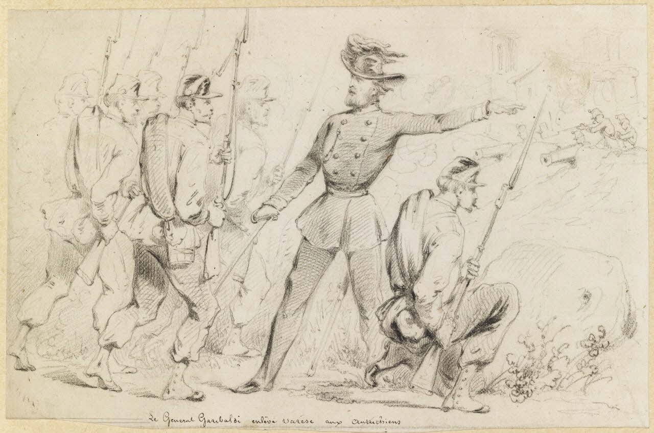 François-Charles Pinot dessin Le général Garibaldi enlève Varése aux Autrichiens 1859-1874 1957.131.30 Photo RMN-Grand Palais (Mucem)