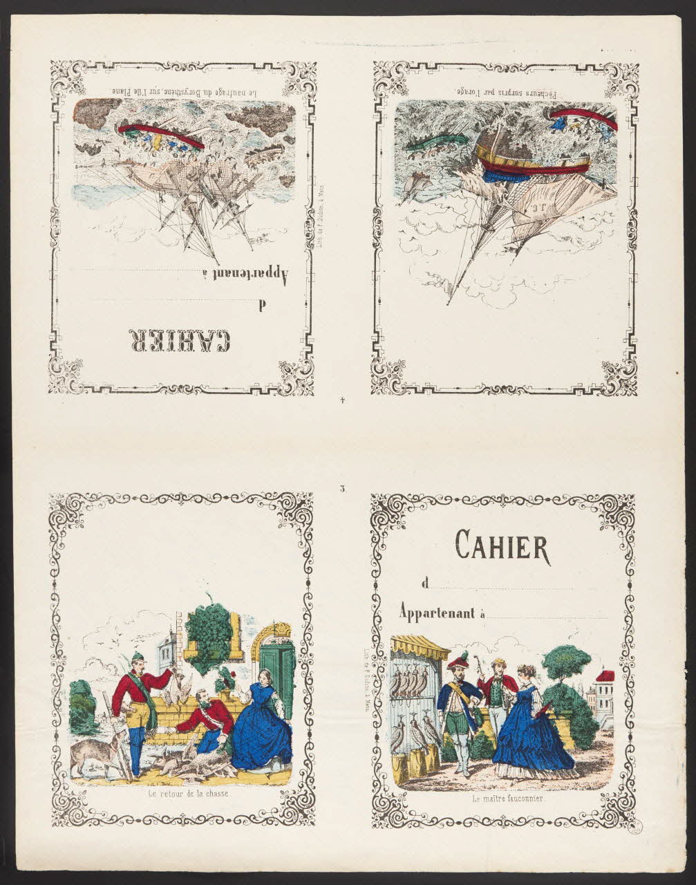 Paulin Didion estampe CAHIER  Le retour de la chasse.  Le maître fauconnier.  Pêcheurs surpris par l'orage.  Le naufrage du Borysthène, sur l'île Plane. Metz 1869-1879 1953.86.4254 Photo