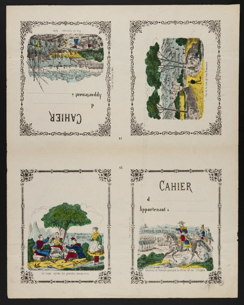 Paulin Didion estampe CAHIER  Le repas après les grandes manoeuvres.  Général de Division passant la revue de ses troupes.  Vue de la rade de San Francisco.  Vue de Syracuse. Sicile. Metz 1869-1879 1953.86.4257 Photo