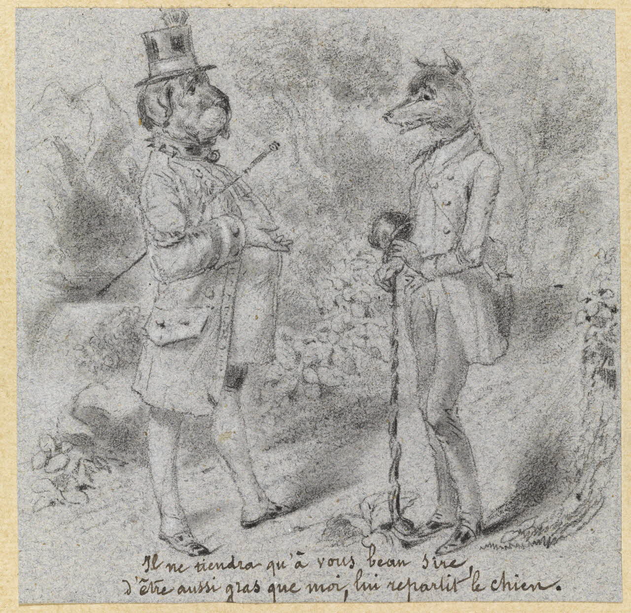 François-Charles Pinot dessin Il ne tiendra qu'à vous beau sire,  d'être aussi gras que moi, lui repartit le chien. 1847-1874 1957.131.50 Photo RMN-Grand Palais (Mucem)