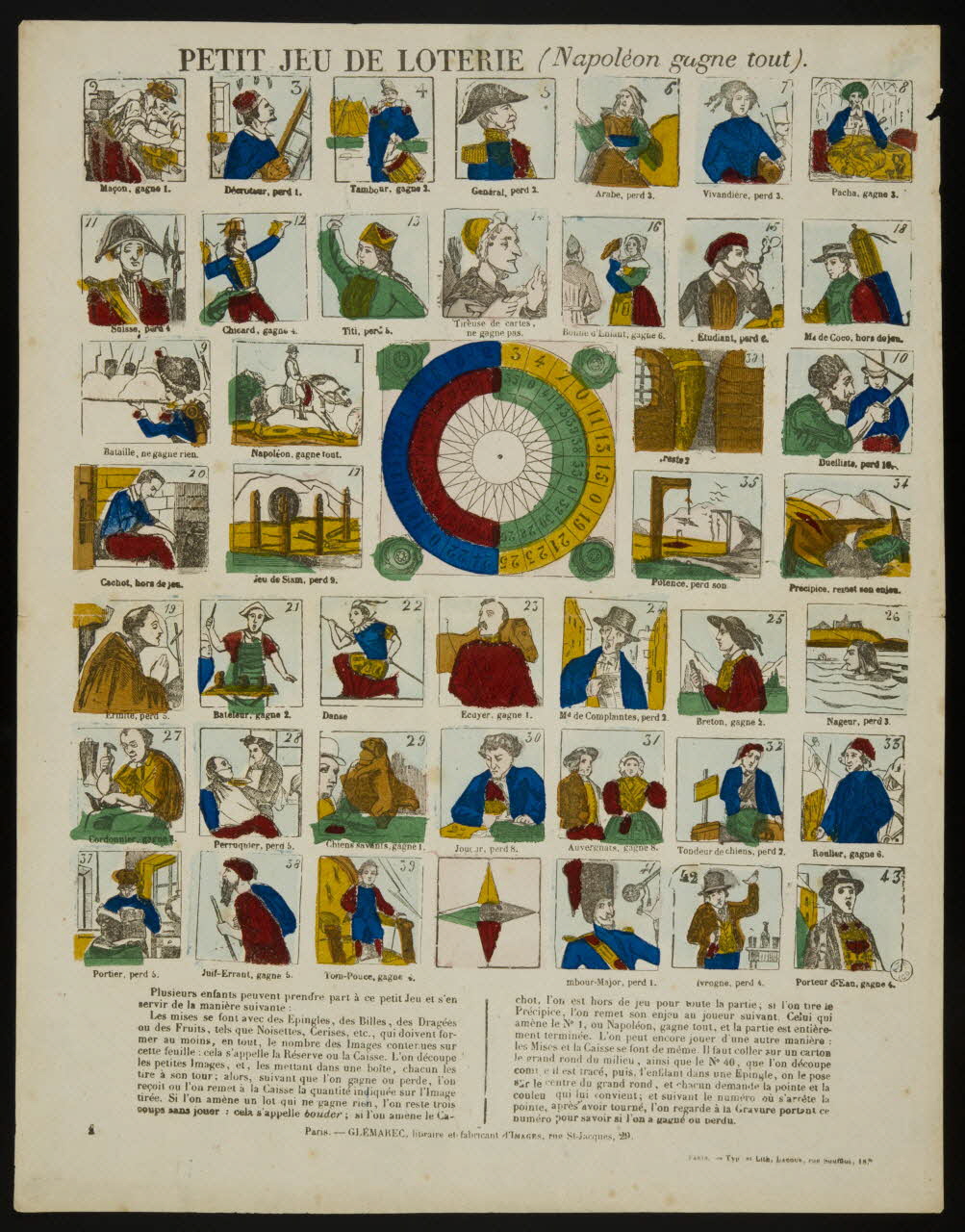 François Lacour ; Charles-Eugène Glémarec à compartiments (7x7) PETIT JEU DE LOTERIE (Napoléon gagne tout). France 1858-1860 1953.86.4402 Photo