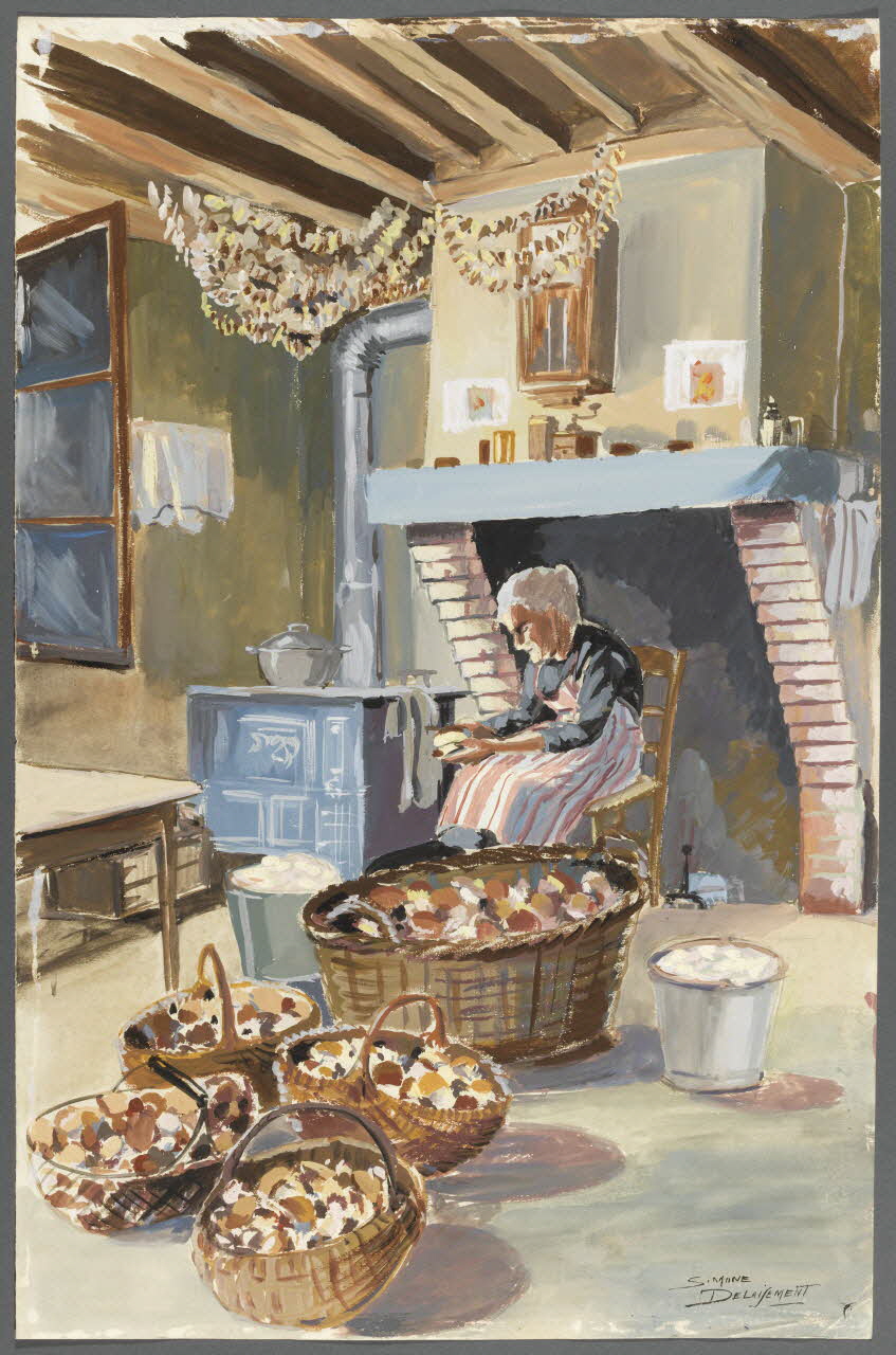 Delaisement Simone dessin Femme épluchant des champignons dans la salle commune aux Basses Brosses à Vouzon (Loir-et-Cher) 1944 1945.5.4 Photo RMN-Grand Palais (Mucem)