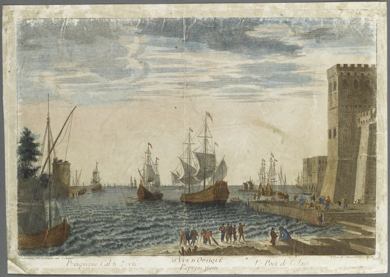 Lachaussée Laurent-Pierre ; Daumont Jean-François (éditeur, imagerie ancienne 38e. VUE D'OPTIQUE  Représentant  Le Port de Calais  Prospectus Caleti Porti Paris 1740-1776 1972.21.28 Photo RMN-Grand Palais (Mucem)