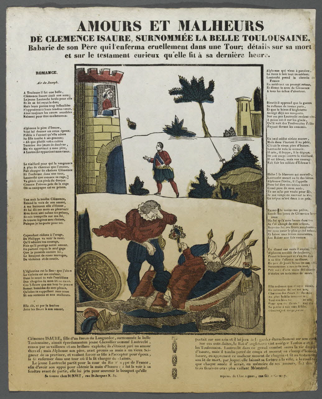 Antoine Chassaignon ; Bonnet imagerie ancienne AMOURS ET MALHEURS  DE CLEMENCE ISAURE, SURNOMMEE LA BELLE TOULOUSAINE. France 1835-1853 1995.14.70 Photo RMN-Grand Palais (Mucem)