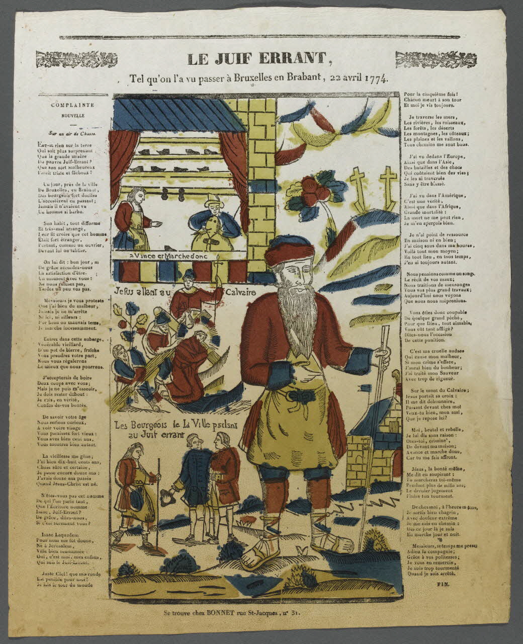 Bonnet estampe LE JUIF ERRANT,  Tel qu'on l'a vu passer à Bruxelles, 22 avril 1774. Paris 1835-1853 1995.14.71 Photo RMN-Grand Palais (Mucem)