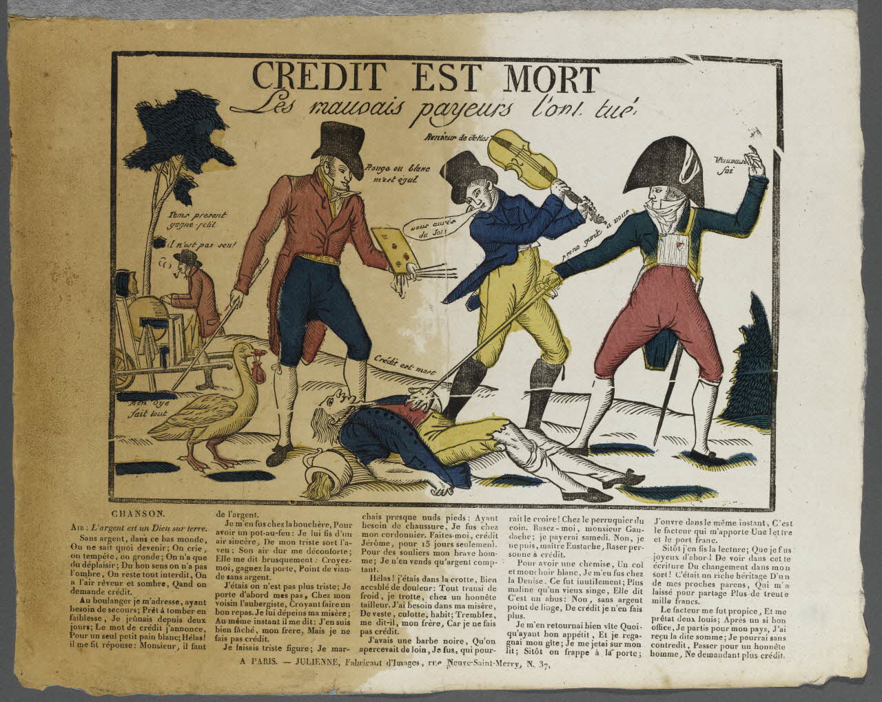 Julienne imagerie ancienne CREDIT EST MORT  Les mauvais payeurs l'ont tué Paris 1830-1835 1995.14.73 Photo RMN-Grand Palais (Mucem)