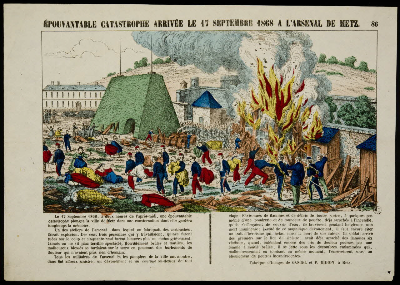 estampe EPOUVANTABLE CATASTROPHE ARRIVEE LE 17 SEPTEMBRE 1868 A L'ARSENAL DE METZ. 1953.86.4810 Photo