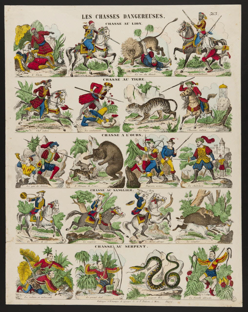 Gangel et Didion estampe LES CHASSES DANGEREUSES.  CHASSE AU LION.  CHASSE AU TIGRE.  CHASSE A L'OURS.  CHASSE AU SANGLIER.  CHASSE AU SERPENT. Metz 1858-1868 1953.86.5028 Photo