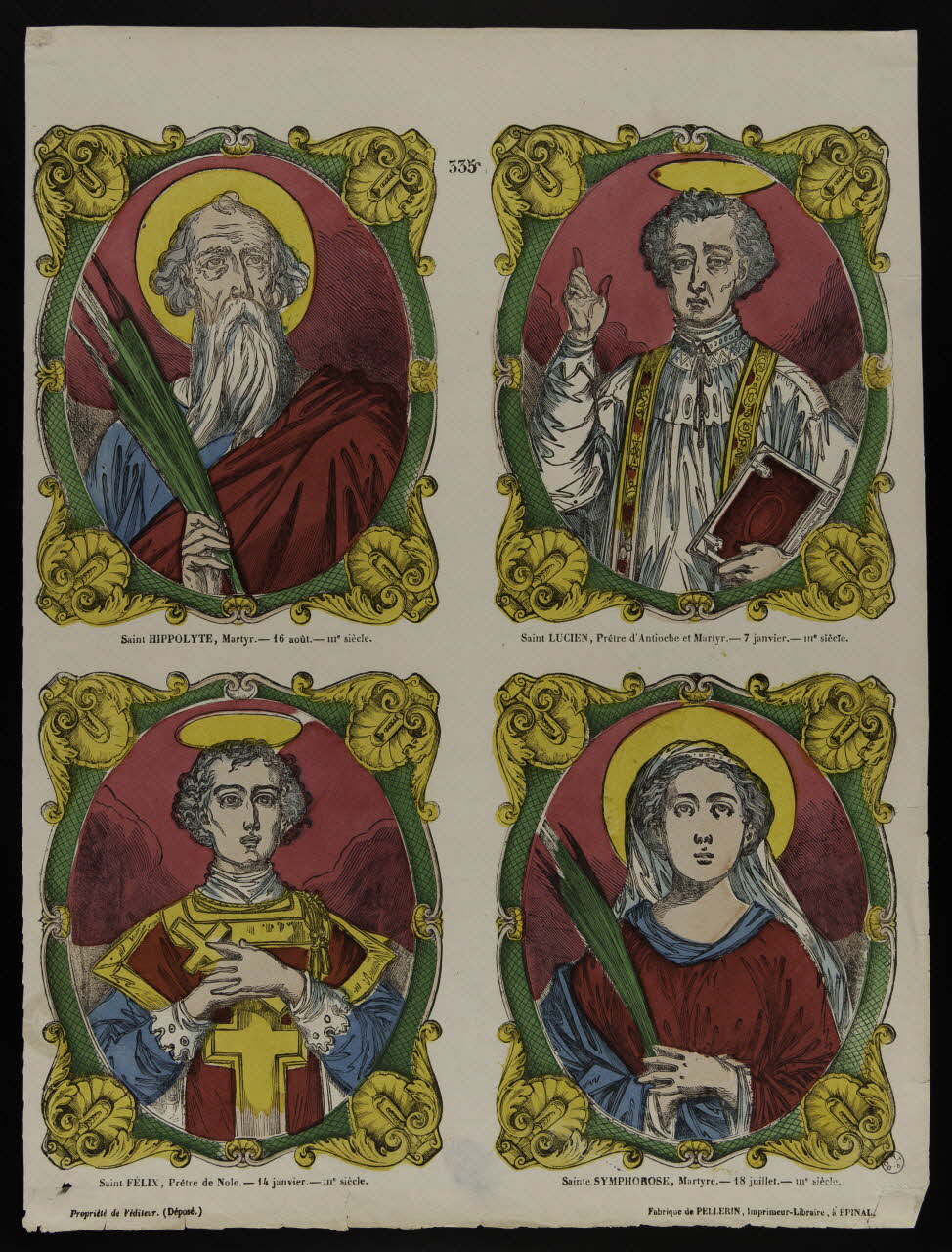 estampe Saint HIPPOLYTE, Martyr. Saint LUCIEN, Prêtre d'Antioche et Martyr. Saint FELIX, Prêtre de Nole. Sainte SYMPHOROSE, Martyre. 1953.86.505 Photo