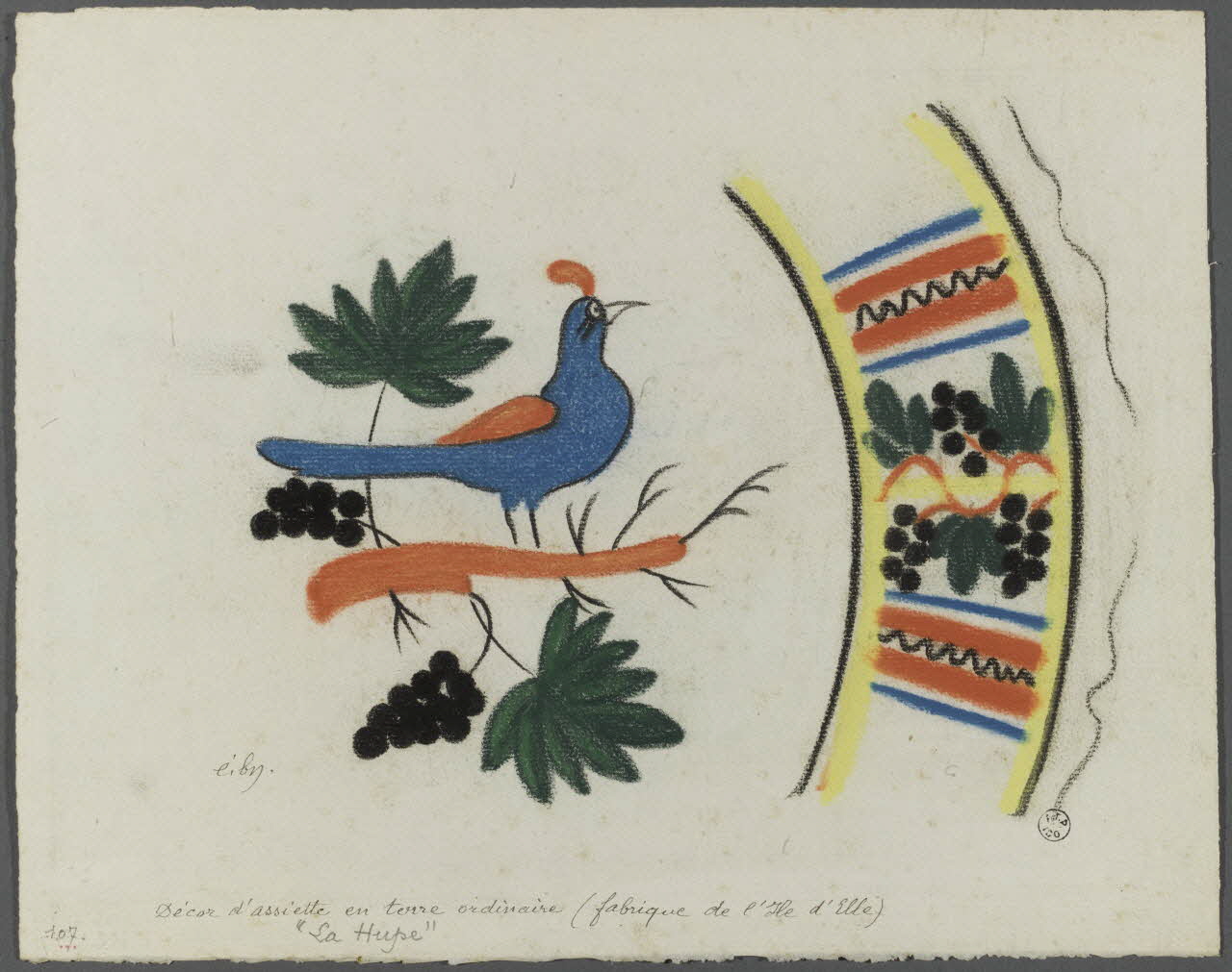 Emile Boutin dessin Décor d'assiette en terre ordinaire (fabrique de l'Ile d'Elle)   "La huppe" 1942 1942.2.14 Photo RMN-Grand Palais (Mucem)/ Franck Raux