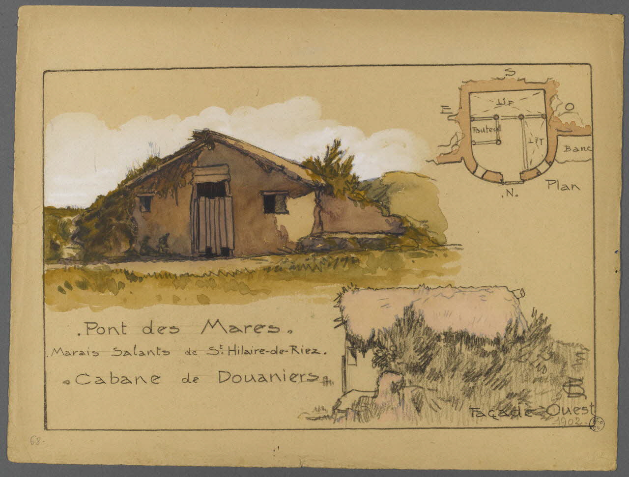 Emile Boutin dessin Pont des Mares.  Marais Salants de St Hilaire-de-Riez.  Cabane de Douaniers. Riez 85 1902 1942.2.41 Photo RMN-Grand Palais (Mucem)/ Franck Raux