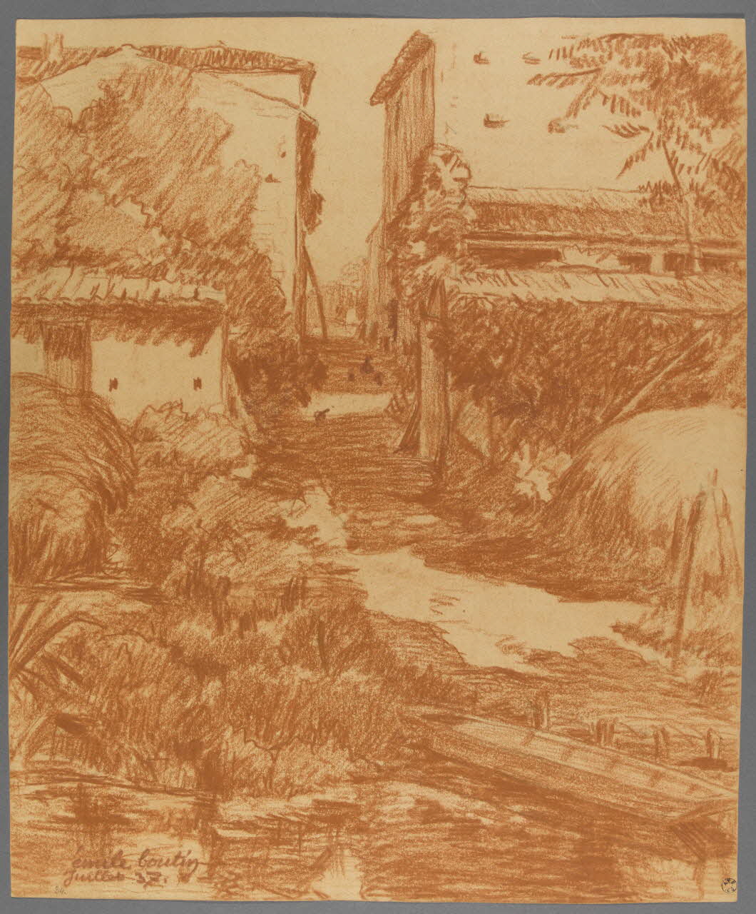 Emile Boutin dessin Ruelle à Arçais  "La Venise Verte"  Marais du sud. Maillezais 1937 1942.2.98 Photo RMN-Grand Palais (Mucem)/ Franck Raux