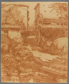 Emile Boutin dessin Ruelle à Arçais  "La Venise Verte"  Marais du sud. Maillezais 1937 1942.2.98  Photo RMN-Grand Palais (Mucem)/ Franck Raux