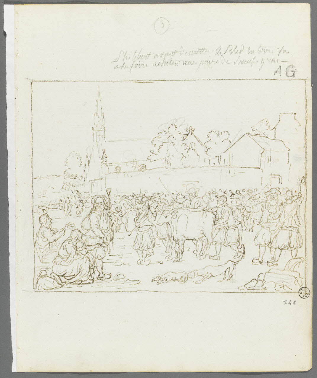 Olivier PERRIN partie d'un ensemble de dessins, album factice Philibert avant de mettre le Blé en terre va  à la foire acheter une paire de Boeufs Bretagne, France 1805-1815 1958.37.1.146 Photo RMN-Grand Palais (Mucem)