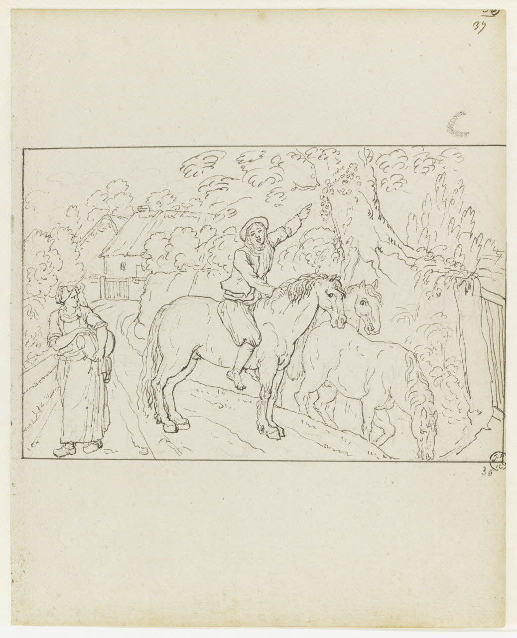 Olivier PERRIN partie d'un ensemble de dessins Breton menant trois chevaux au pré et désignant un essaim d'abeilles Bretagne, France 1805-1815 1958.37.1.36 Photo RMN-Grand Palais (Mucem)