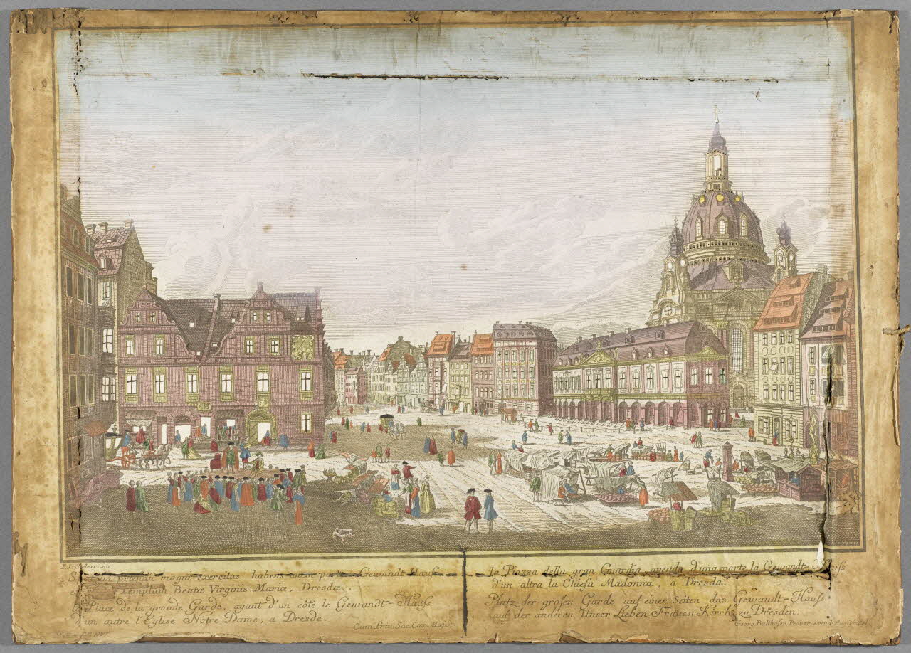 Stelzer Johann Jakob ; Probst Georg Balthasar imagerie ancienne Station proefidii magni exercitus habens anem parten Gewandt-Haufs  e[illisible] Templum Beatoe Virginis Mariae, Dresdae.  la Place de la grande Garde, ayant d'un côté le Gewandt-Haufs  d'un autre l'E Augsbourg 1730 1967.97.6 Photo RMN-Grand Palais (Mucem)