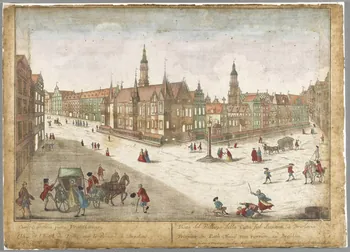 Werner Friedrich Bernhard ; Wiackler G. G. ; Pr imagerie ancienne Cur[tronqué] antica pars Vratiflaviae  Vue de l'hôtel de Ville sur le Levant à Breslau.  Vista del Pallazzo della Citta ful Lavanti, à Breslavia  Profpect des Rath-Haufs von vornen, zu Brefslau. Bavière, Allemagne 1730 1967.97.7 Photo RMN-Grand Palais (Mucem)