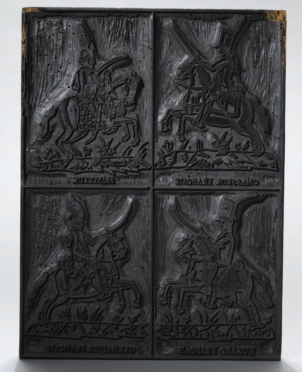bois d'impression Planche de 4 cavaliers : MAMELUK - CHASSEUR FRANCAIS - GRENADIER FRANCAIS - HU(S)SARD FRANCAIS 1954.18.58 Photo RMN-Grand Palais (Mucem)