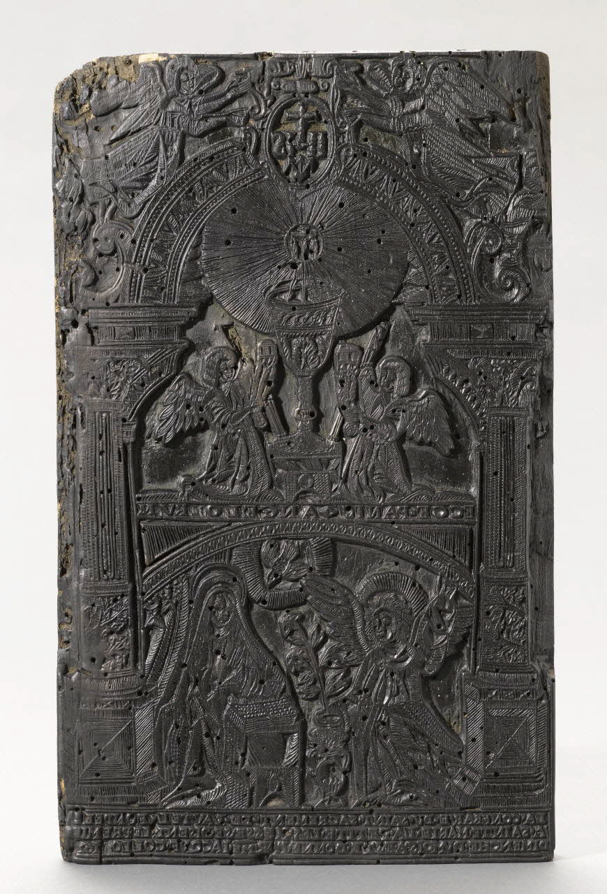 bois d'impression LA CONFRAIRIE DU SAINT SACREMENT DE L'AUTEL FONDEE A SAINTE MARIE LA PETITE Normandie 1615-1625 1954.18.104 Photo RMN-Grand Palais (Mucem)