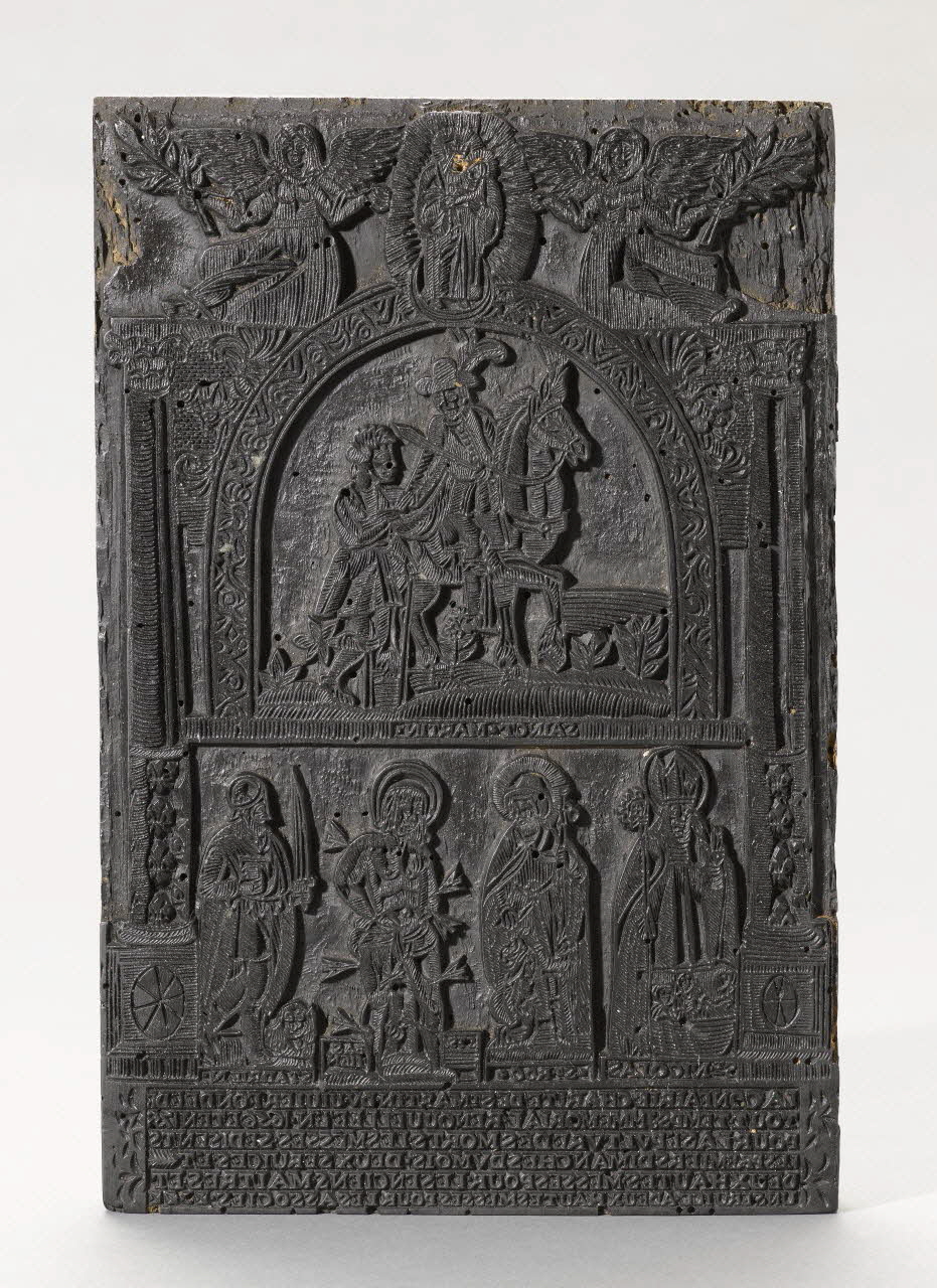 bois d'impression LA CONFRAIRIE CHARITE DE ST MARTIN DU VIVIER FONDEE DE TOUT TEMPS IMMEMORIAL RENOUVELLEE EN 1650 ET EN 1653 1954.18.106  Photo RMN-Grand Palais (Mucem)