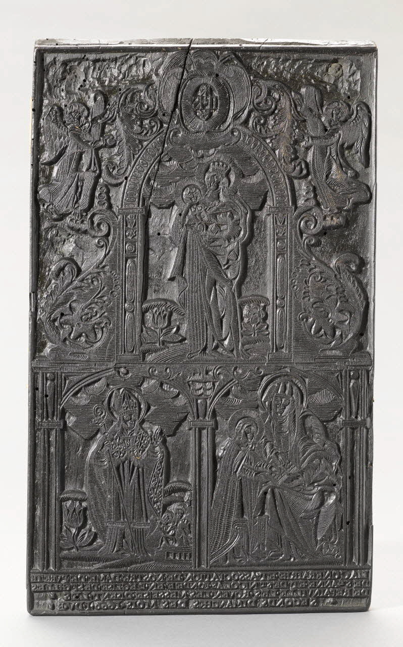 bois d'impression LA CONFRAIRIE ET ASSOCIATION DE NOSTRE DAME DE PURETE DE STE ANNE ET DE ST NICOLAS FONDEE EN L'EGLISE DE REPAINVILLE LES ROUEN Rouen 1660 1954.18.107 Photo RMN-Grand Palais (Mucem)