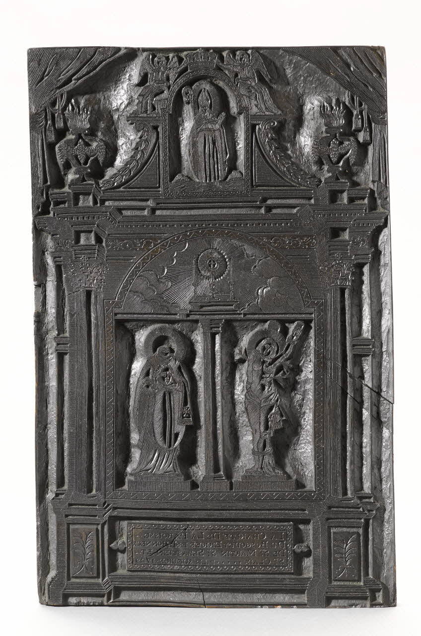 Le Sueur bois d'impression LA CHARITE DE LA PAROISSE DU BOSGOUET ERIGEE EN L'HONNEUR DE ST MARTIN ST SEBASTIEN ST CLAIR Rouen 1729 1954.18.111 Photo RMN-Grand Palais (Mucem)