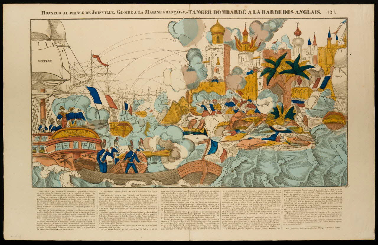 Dembour et Gangel estampe HONNEUR AU PRINCE DE JOINVILLE, GLOIRE A LA MARINE FRANCAISE. -TANGER BOMBARDE A LA BARBE DES ANGLAIS. Metz 1840-1852 1953.86.661 Photo