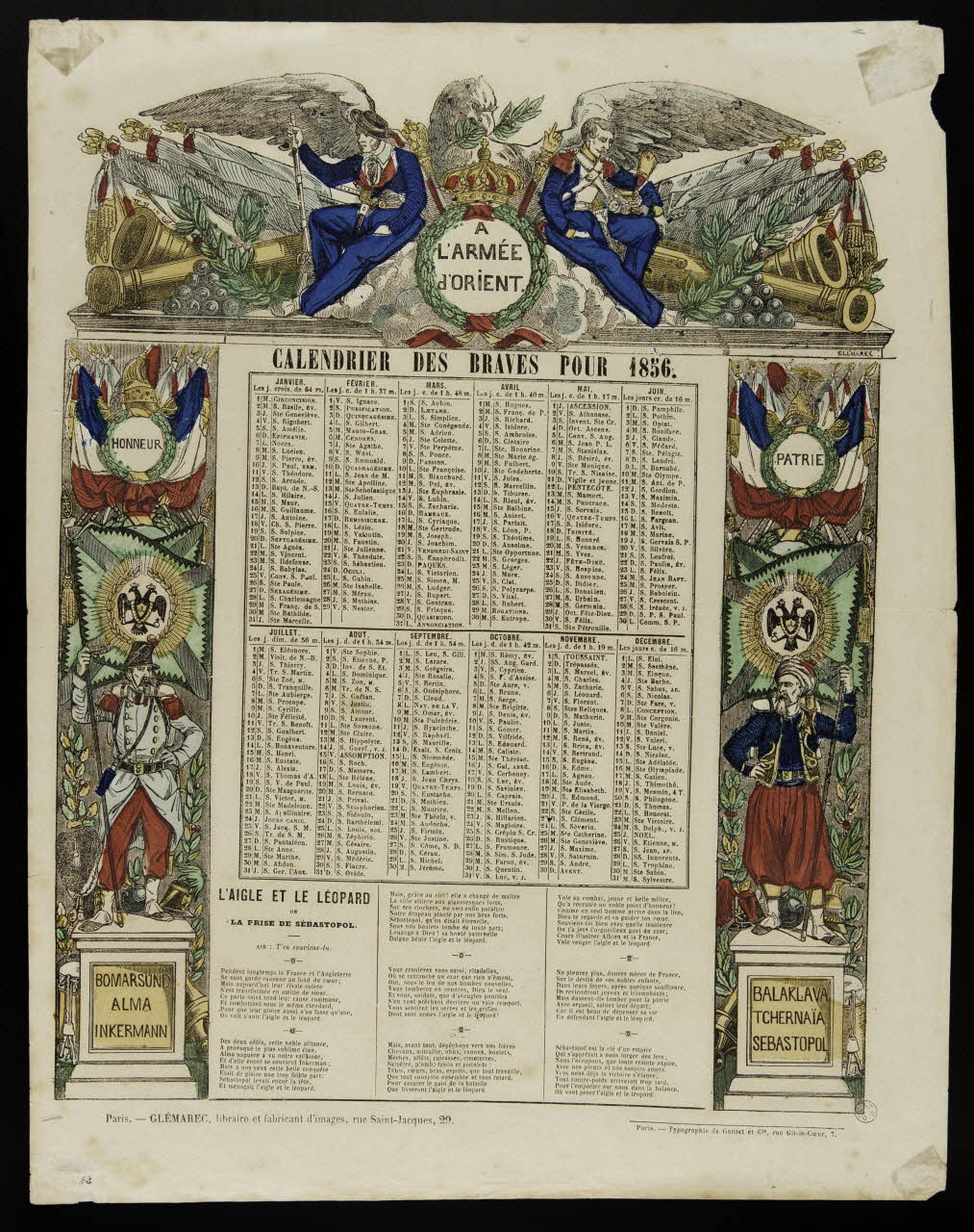 Gaittet et Cie ; Charles-Eugène Glémarec estampe CALENDRIER DES BRAVES POUR 1856. Paris 1856 1953.86.738 Photo