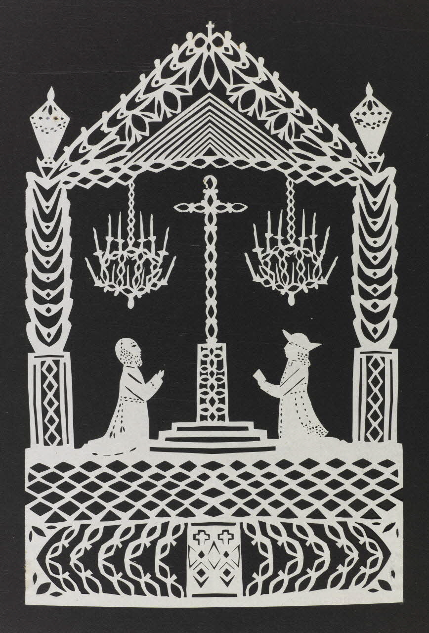 découpage, canivet Deux personnages en prière devant une croix dans une architecture stylisée 1990.5.141 Photo RMN-Grand Palais (Mucem)