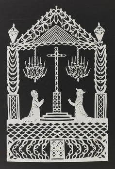 découpage, canivet Deux personnages en prière devant une croix dans une architecture stylisée 1990.5.141  Photo RMN-Grand Palais (Mucem)