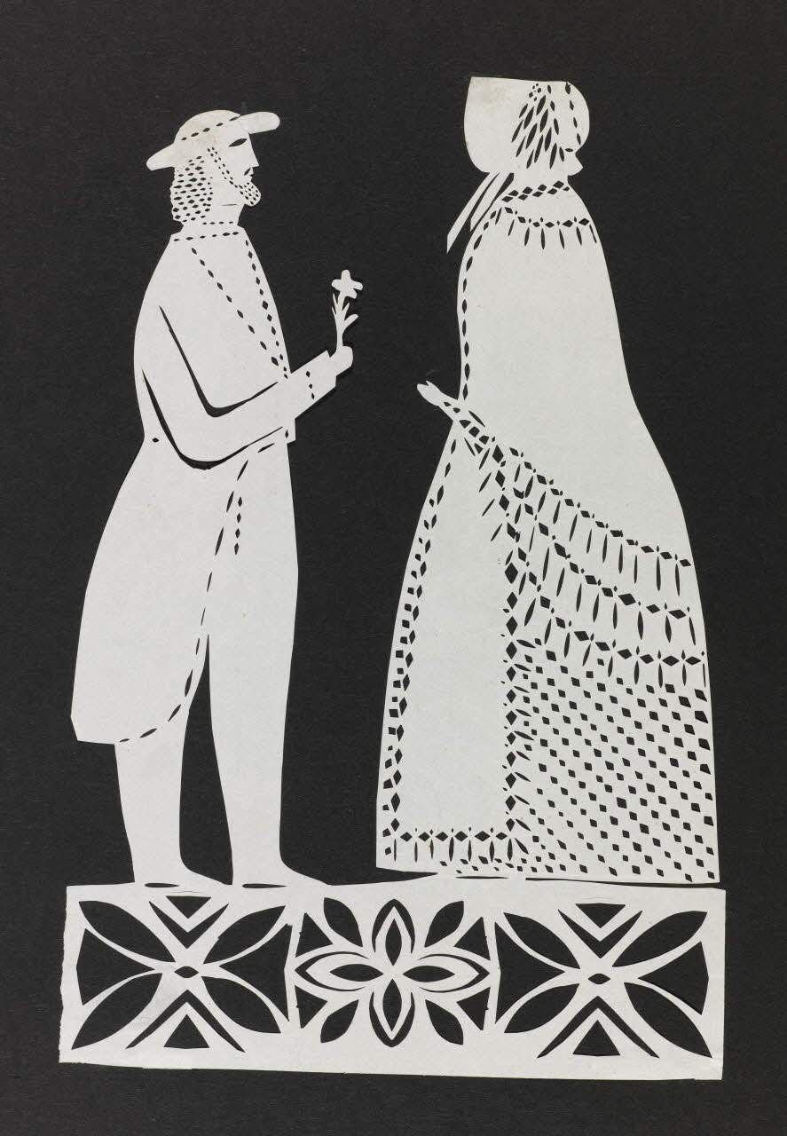 découpage, canivet Homme et femme au-dessus d'un décor géométrique 1990.5.144 Photo RMN-Grand Palais (Mucem)