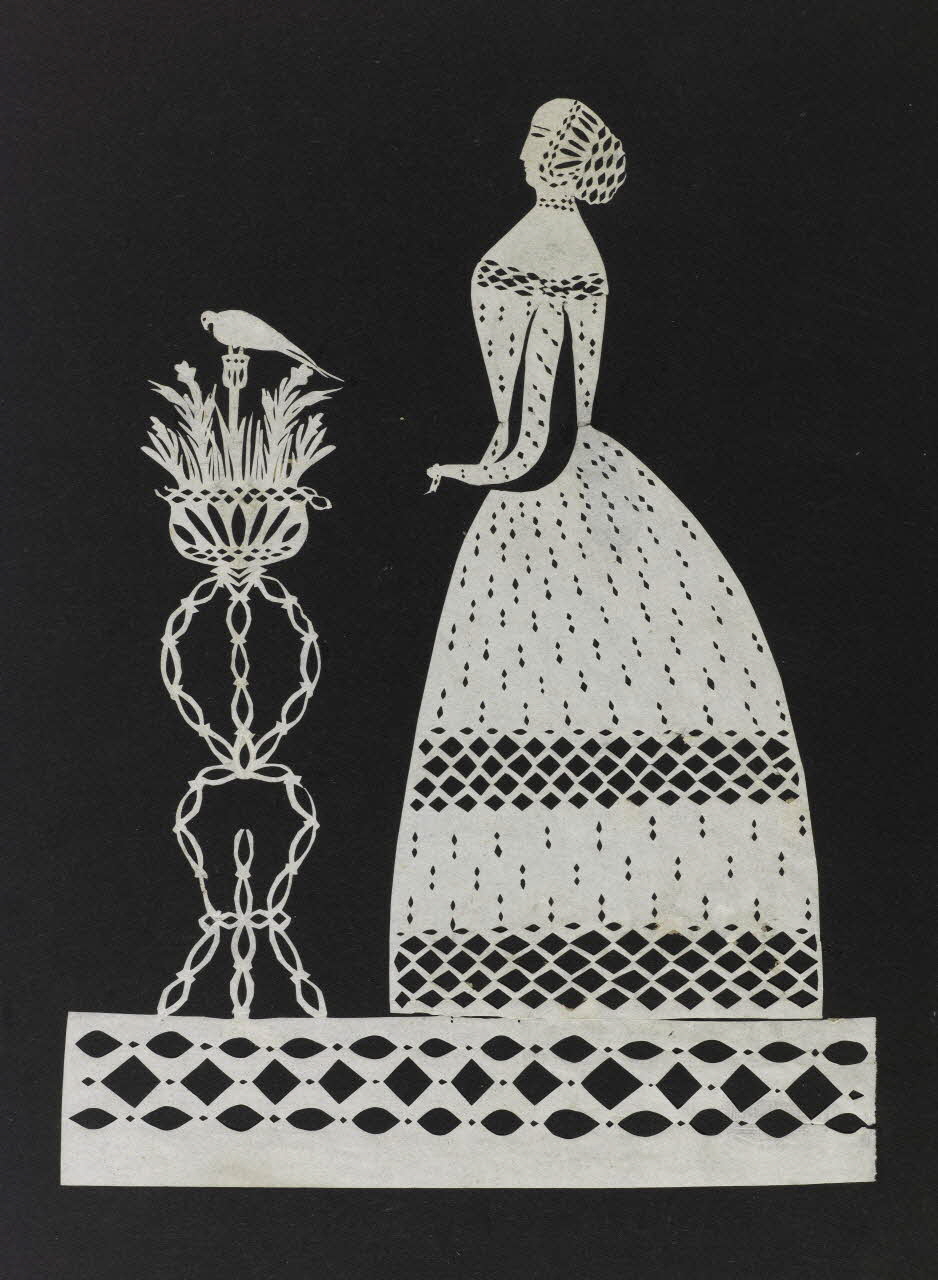 découpage, canivet Femme avec un oiseau au-dessus d'un décor géométrique 1990.5.145 Photo RMN-Grand Palais (Mucem)