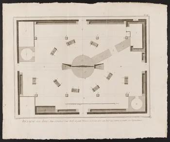 estampe Verrerie en bois, Plan Géométral d'une Halle, de petite Verrerie à pivette avec son Four au centre et toutes ses dépendances. 1954.11.199 Photo
