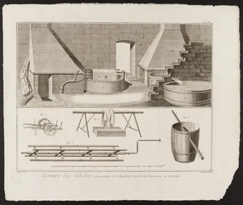 estampe Teinture des Gobelins, Dispositions des chaudieres, Entrée des Fourneaux et Ustensiles. 1954.11.97 Photo