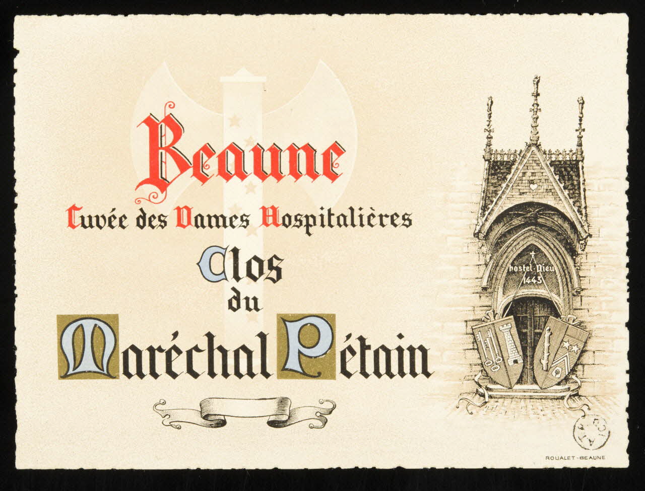 étiquette publicitaire Beaune  Cuvée des Dames Hospitalières  Clos  du  Maréchal Pétain 1955.156.4 Photo