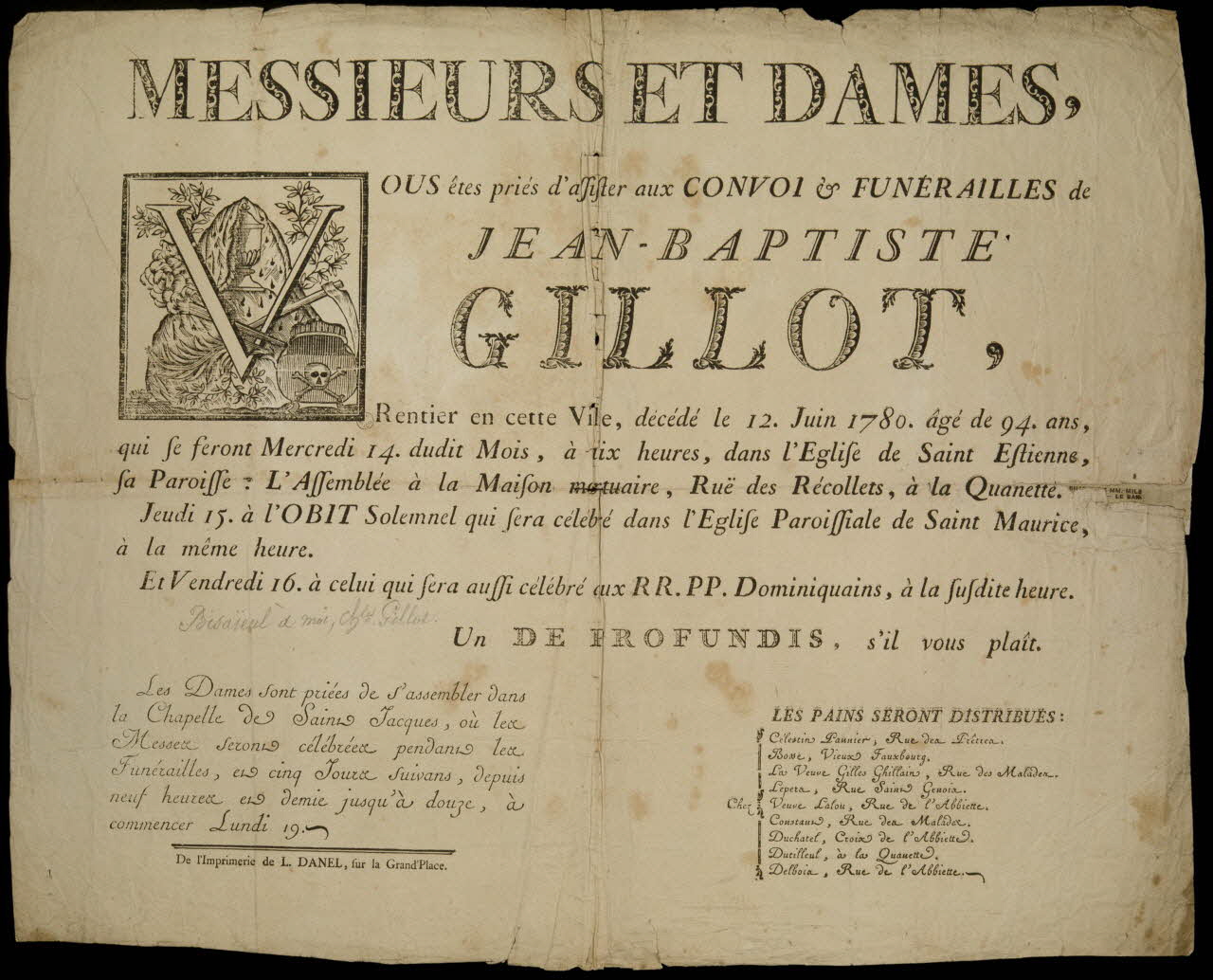 estampe MESSIEURS ET DAMES,  Vous êtes priés d'assister aux CONVOI & FUNERAILLES de  JEAN-BAPTISTE  GILLOT, 1955.18.28 Photo