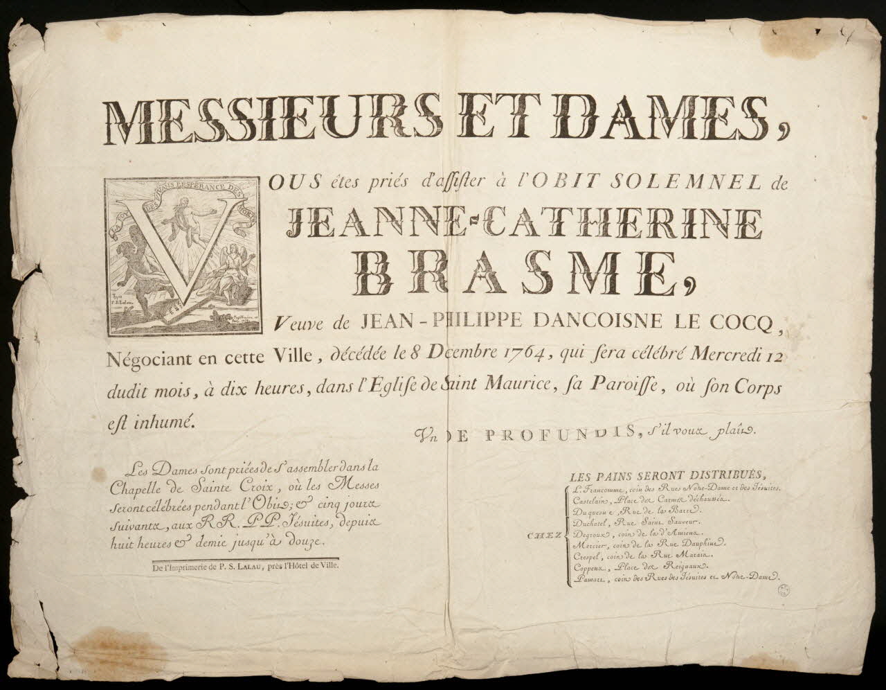 estampe Avis de obit solennel de Jeanne-Catherine Brasme 1955.18.62 Photo