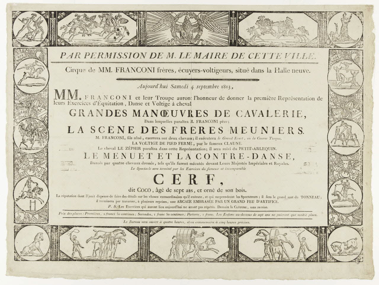 affiche Cirque de MM. FRANCONI frères, écuyers-voltigeurs, situé dans la Halle neuve. 1813 1955.46.1 Photo