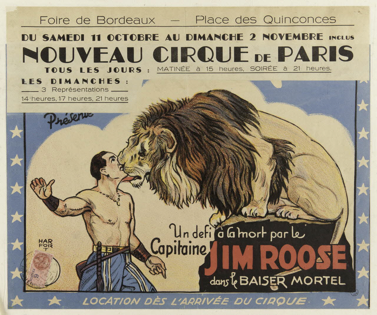 affiche NOUVEAU CIRQUE DE PARIS  Un defi à la mort par le  Capitaine JIM ROOSE  dans le BAISER MORTEL 1955.46.181 Photo