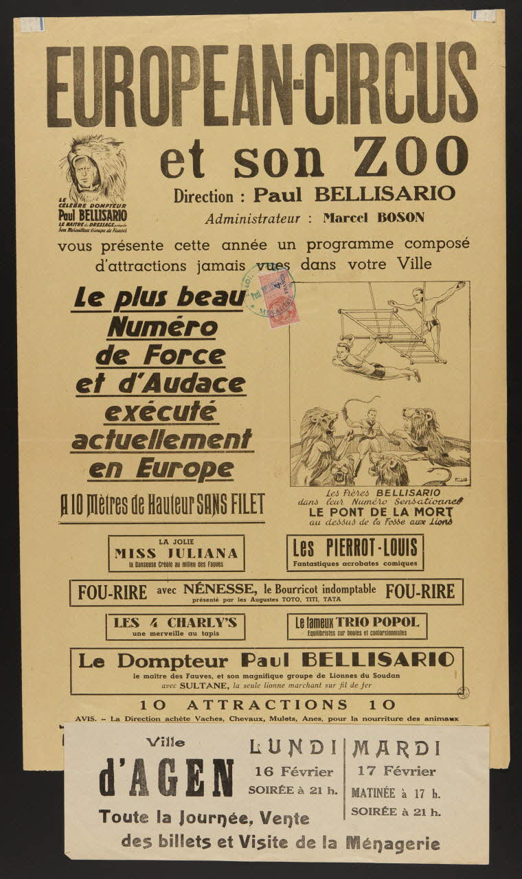 affiche EUROPEAN-CIRCUS  et son ZOO  Direction : Paul BELLISARIO 1955.46.182 Photo