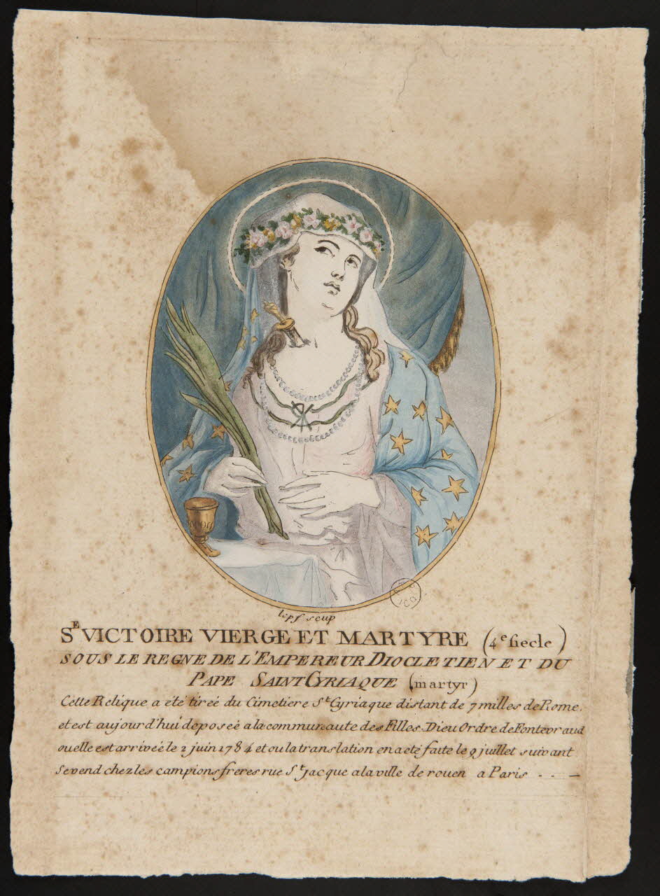 estampe SE VICTOIRE VIERGE ET MARTYRE (4e siecle)  SOUS LE REGNE DE L'EMPEREUR DIOCLETIEN ET DU  PAPE SAINT CYRIAQUE (martyr) 1955.57.227 Photo