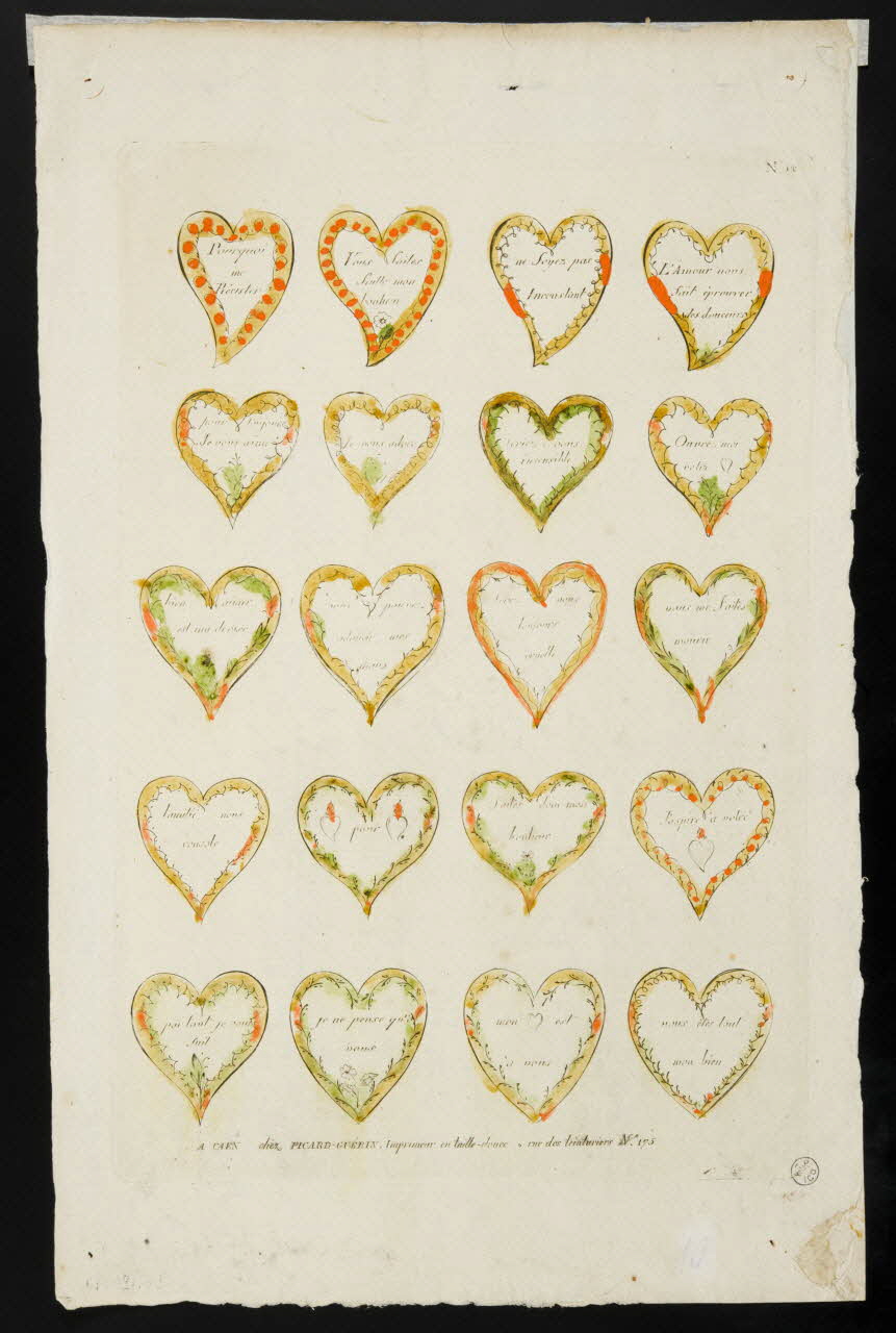 Jean-François Picard ; Marie-Françoise Guérin imagerie ancienne Sentences inscrites dans des coeurs Caen 1809-1831 1956.120.19 Photo