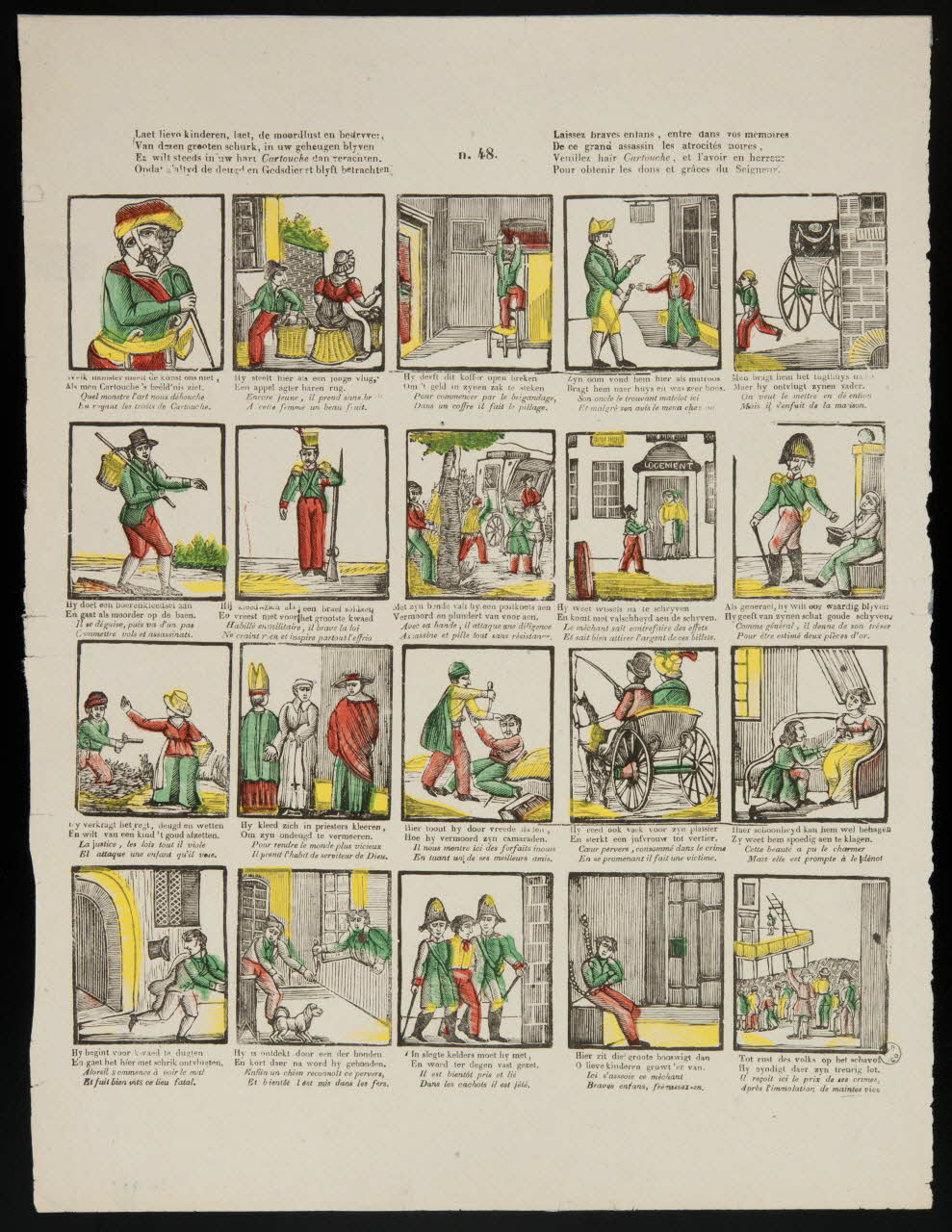 estampe Laet lieve kinderen, de moordlust en bedrvvet,  Van dezen greeten schurk, in uw geheugen blyven  Ez wilt steeds in uw hart Cartouche dan verachten.  Onda g'altyd de deugd en Gedscdierst blyft betracht 1956.120.29 Photo